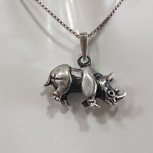 Vintage Sterling Silver Rhino Charm on 18" Sterling Silver Box Chain